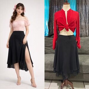 Sandra Darren Black Assymetrical Chiffon Midi Skirt Side Slit Fairycore Size 14